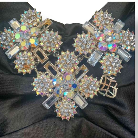 Vintage Cache Formal Black Formal Maxi Strapless Gown Rhinestone Brooch Sheer - Picture 10 of 11